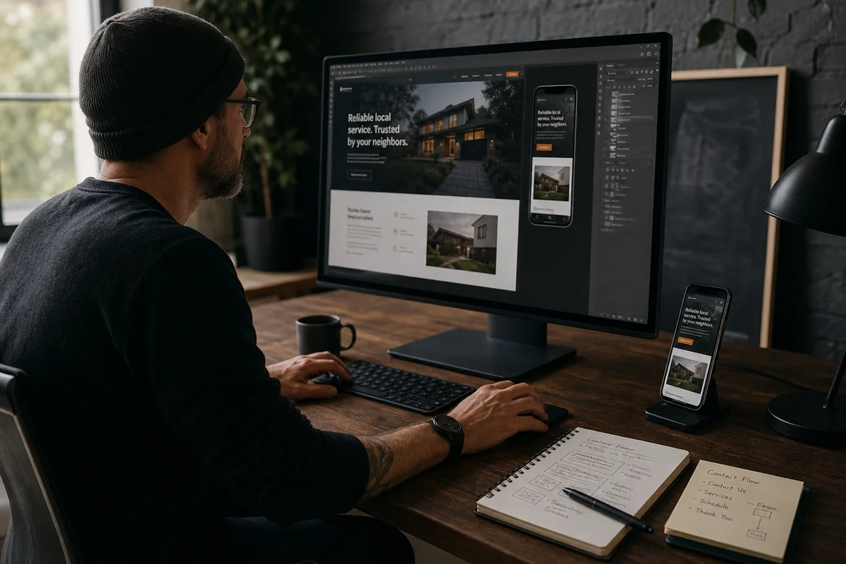 Site comercial local organizado em um notebook
