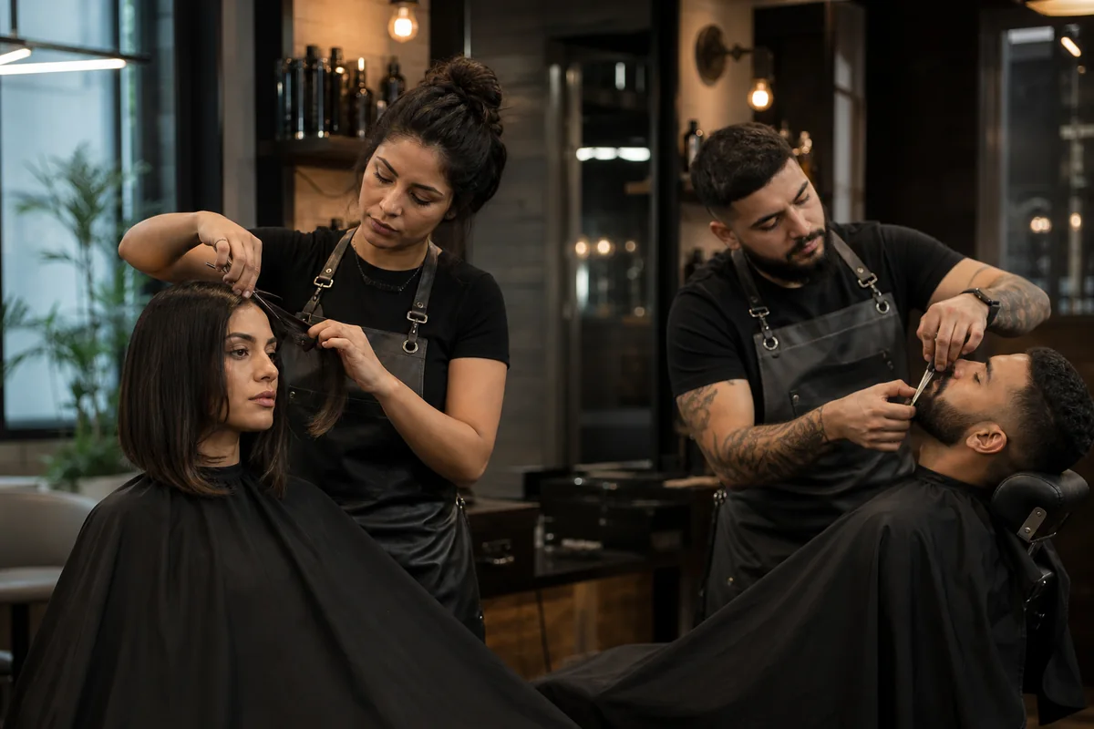 Cabeleireira atendendo cliente em salão de beleza