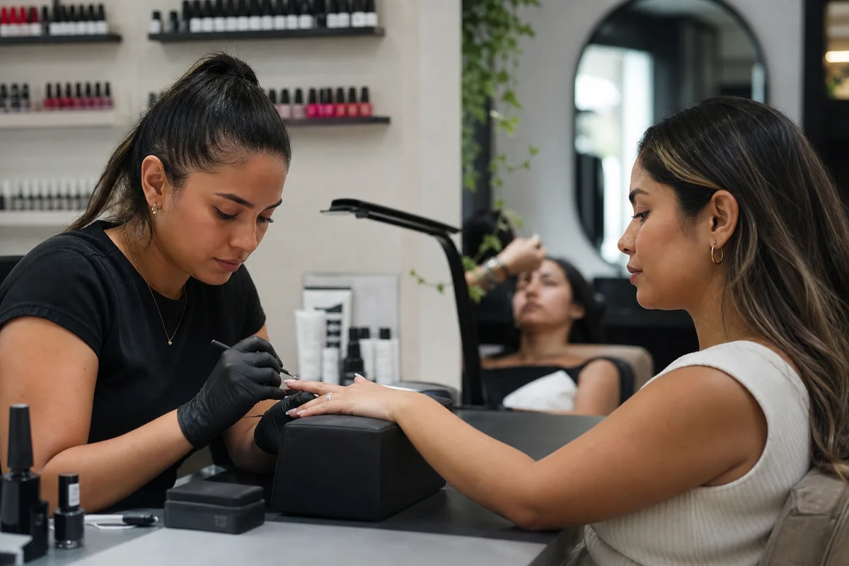 Profissional cuidando de detalhes de beleza da cliente