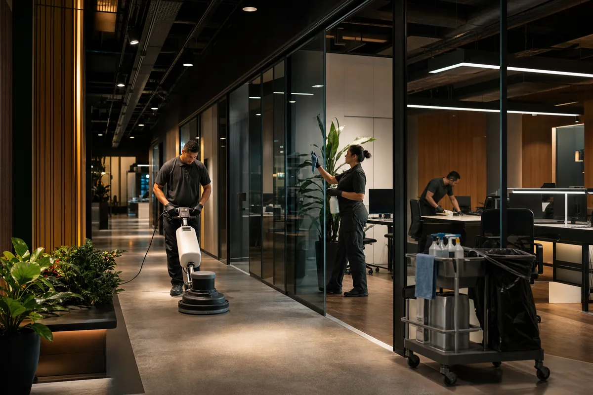 Equipe realizando limpeza comercial em um escritório moderno
