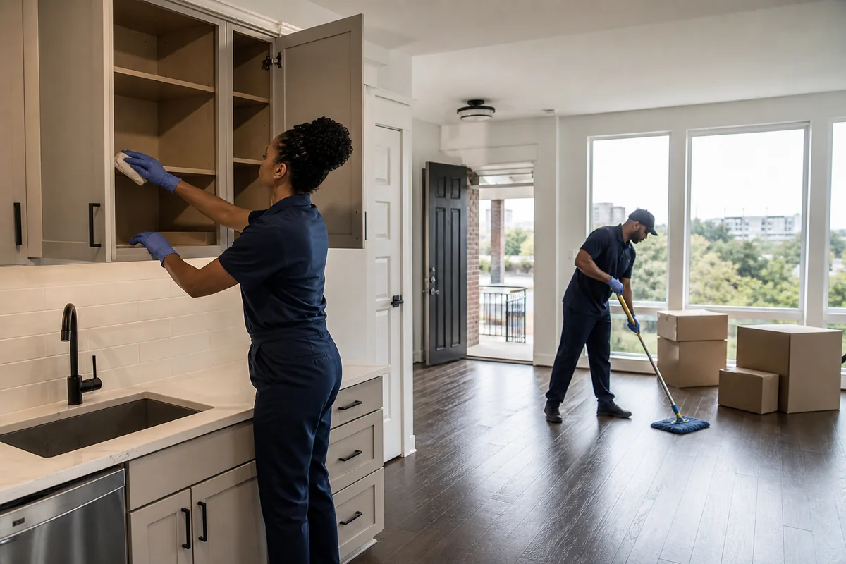 Equipe realizando limpeza de mudança em um apartamento vazio