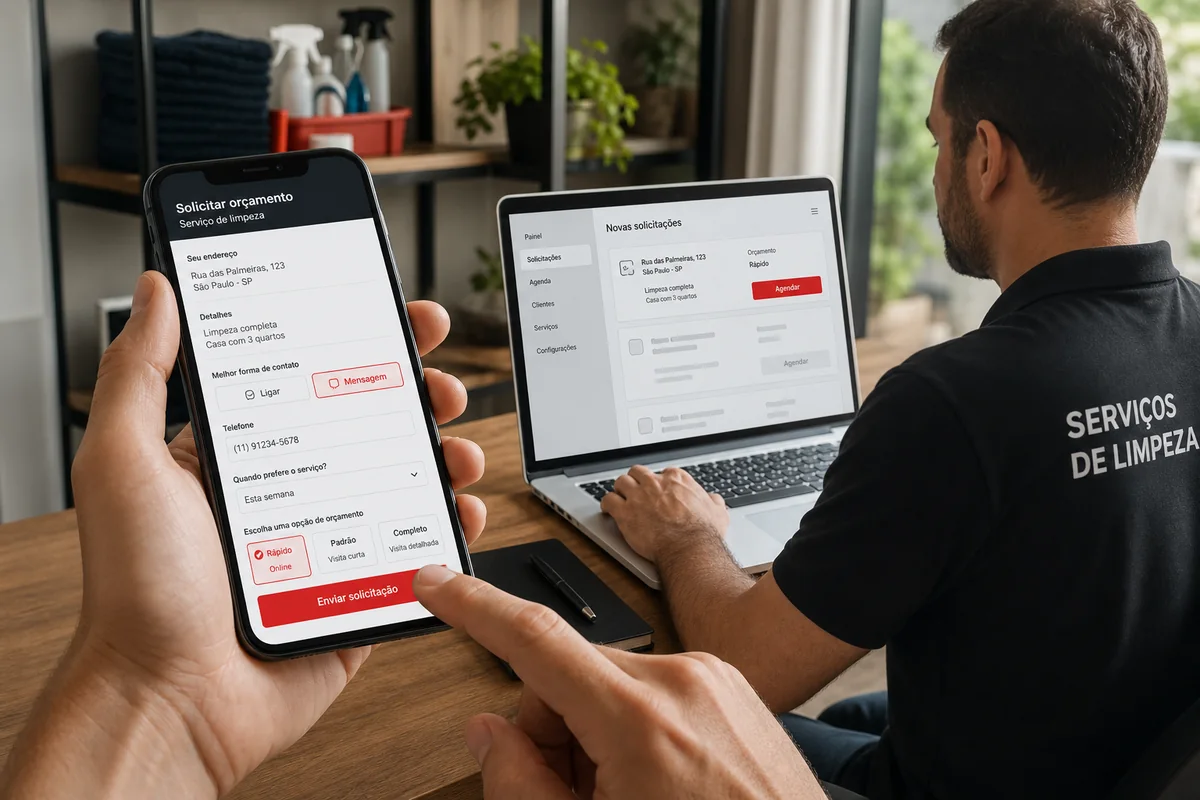 Cliente solicitando orçamento no celular e empresa recebendo o pedido