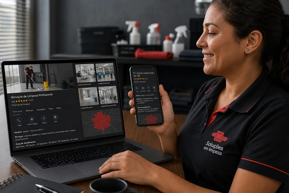 Empresária conferindo seu perfil local completo com fotos e serviços