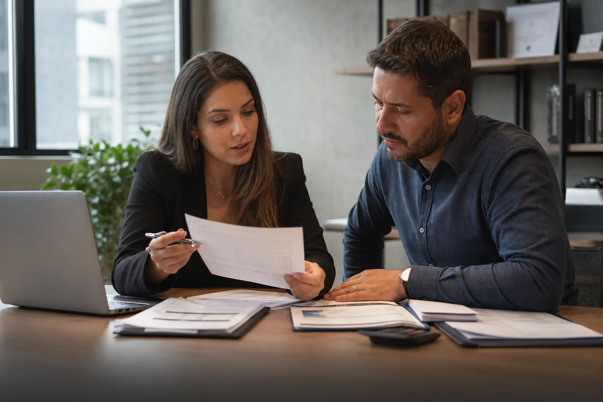 Consultora revisando documentos financeiros com clientes