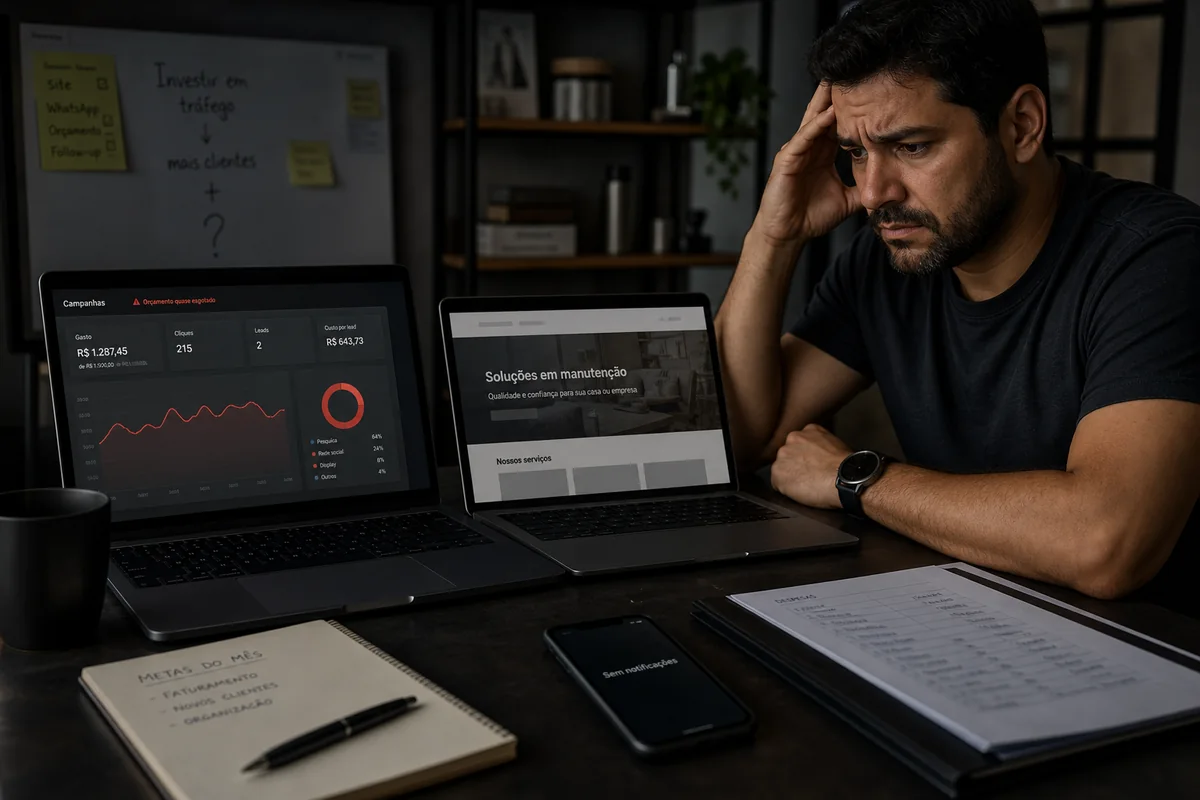 Empresário analisando anúncios com poucos leads e um site sem conversão