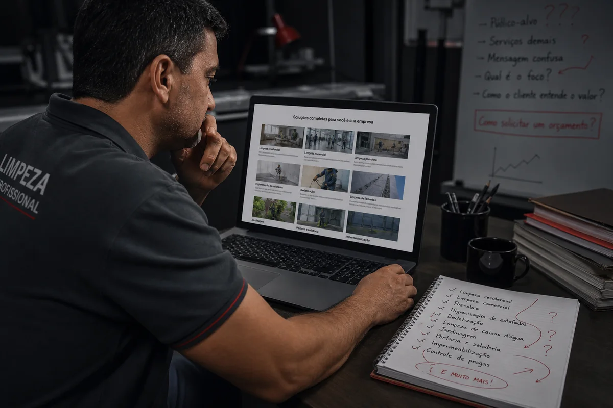 Empresário revisando um site com muitos serviços e mensagem pouco clara