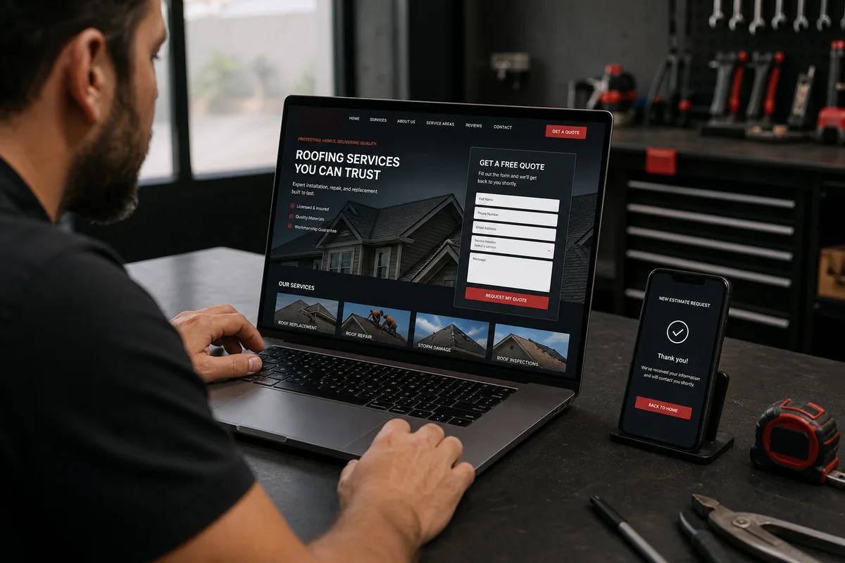 Empresário usando um site profissional com formulário de orçamento