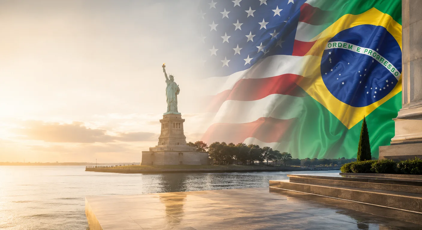 Estátua da Liberdade com as bandeiras dos Estados Unidos e do Brasil ao fundo