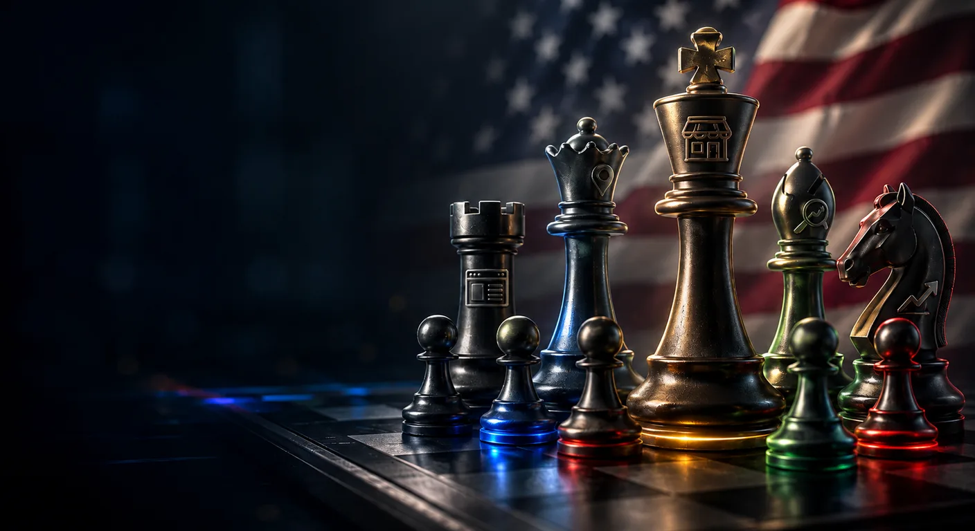 Peças de xadrez com ícones de serviços digitais diante da bandeira dos Estados Unidos