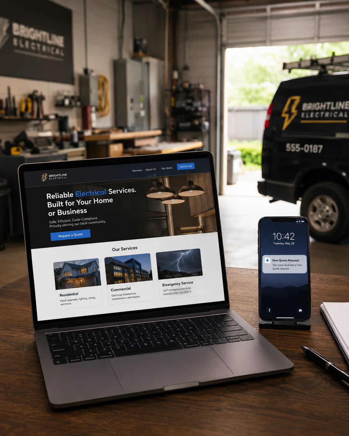 Site profissional de uma empresa local gerando uma nova solicitação de orçamento.
