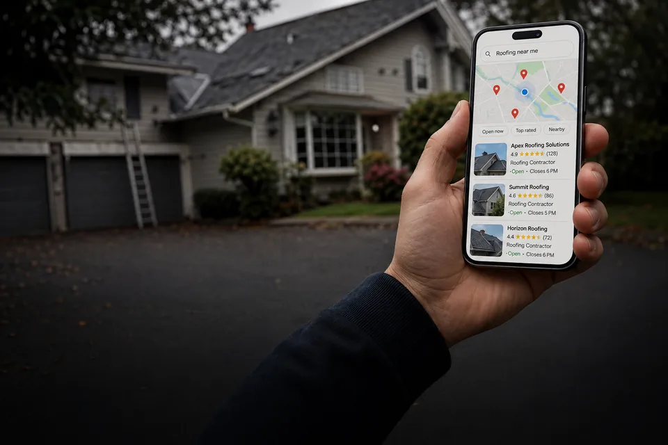 Cliente pesquisando empresas locais de roofing no smartphone.