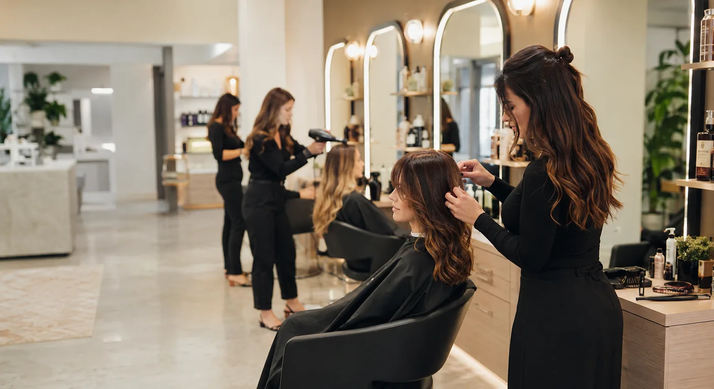 Cabeleireira atendendo cliente em salão de beleza premium