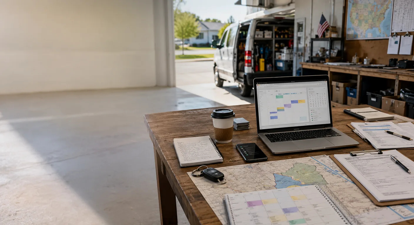 Mesa de trabalho com laptop, mapa de rotas e van de serviço organizados