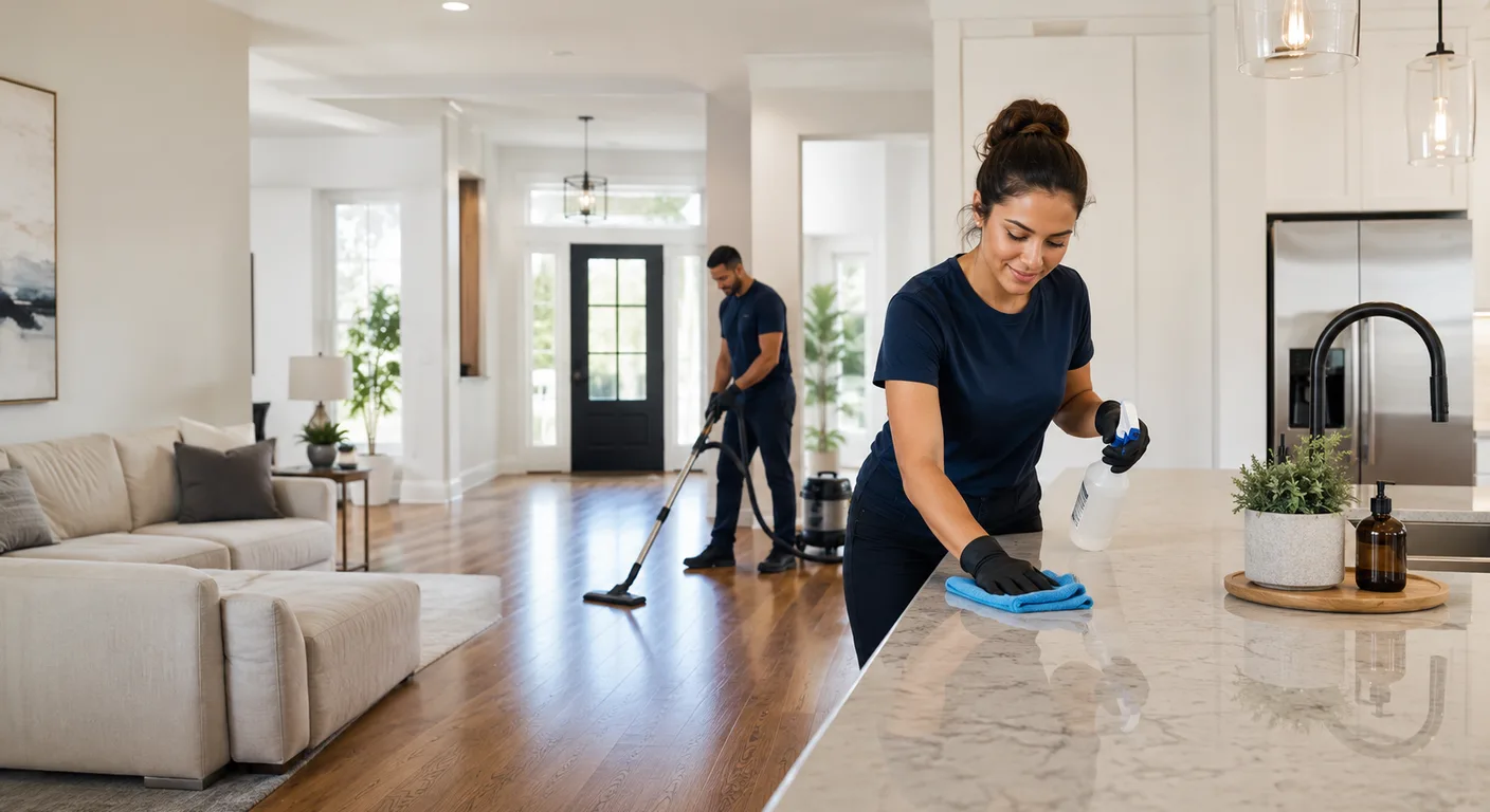 Equipe de limpeza profissional higienizando sala e cozinha de uma casa