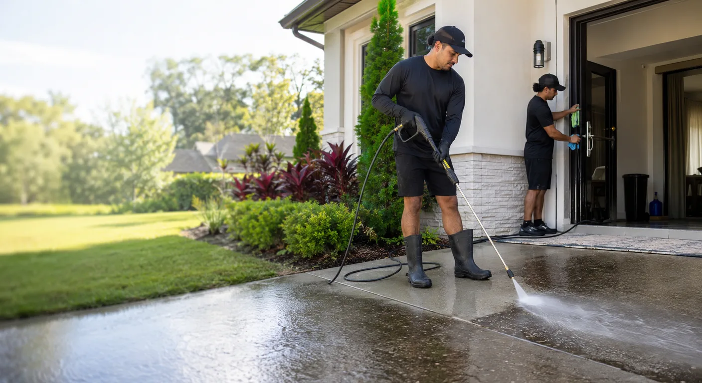 Profissionais fazendo pressure washing e limpeza externa de uma casa