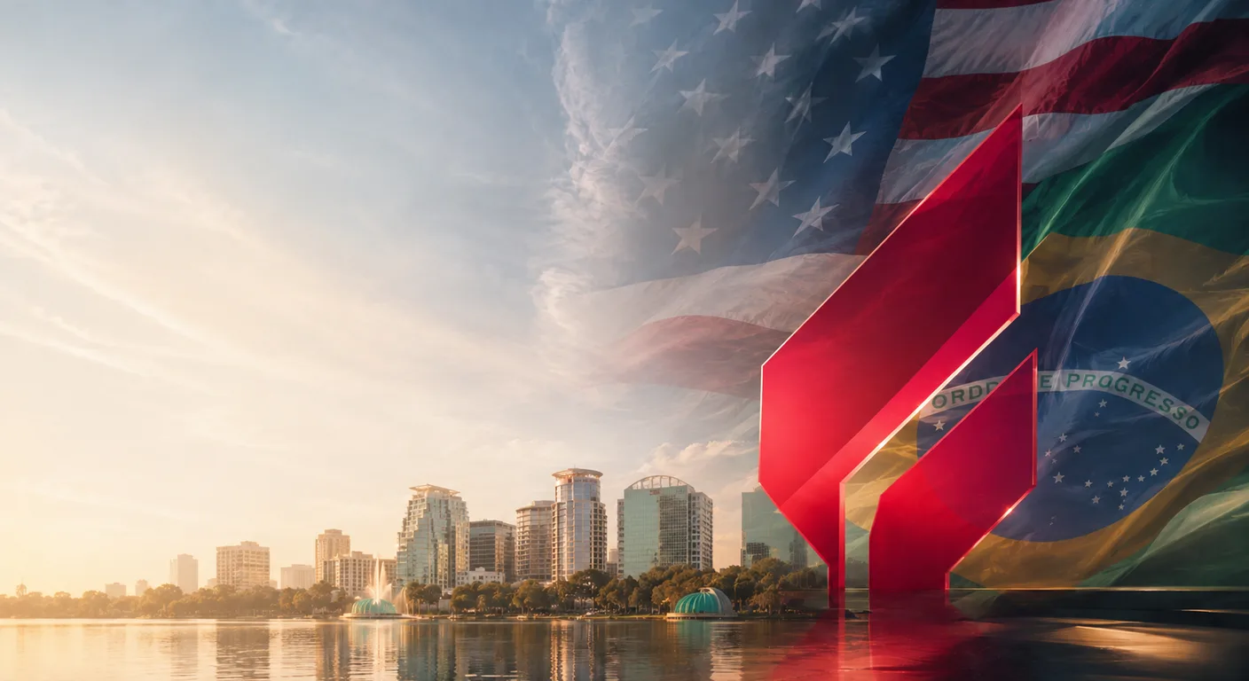 Skyline americano com as bandeiras dos Estados Unidos e do Brasil e a marca Studio Liberty
