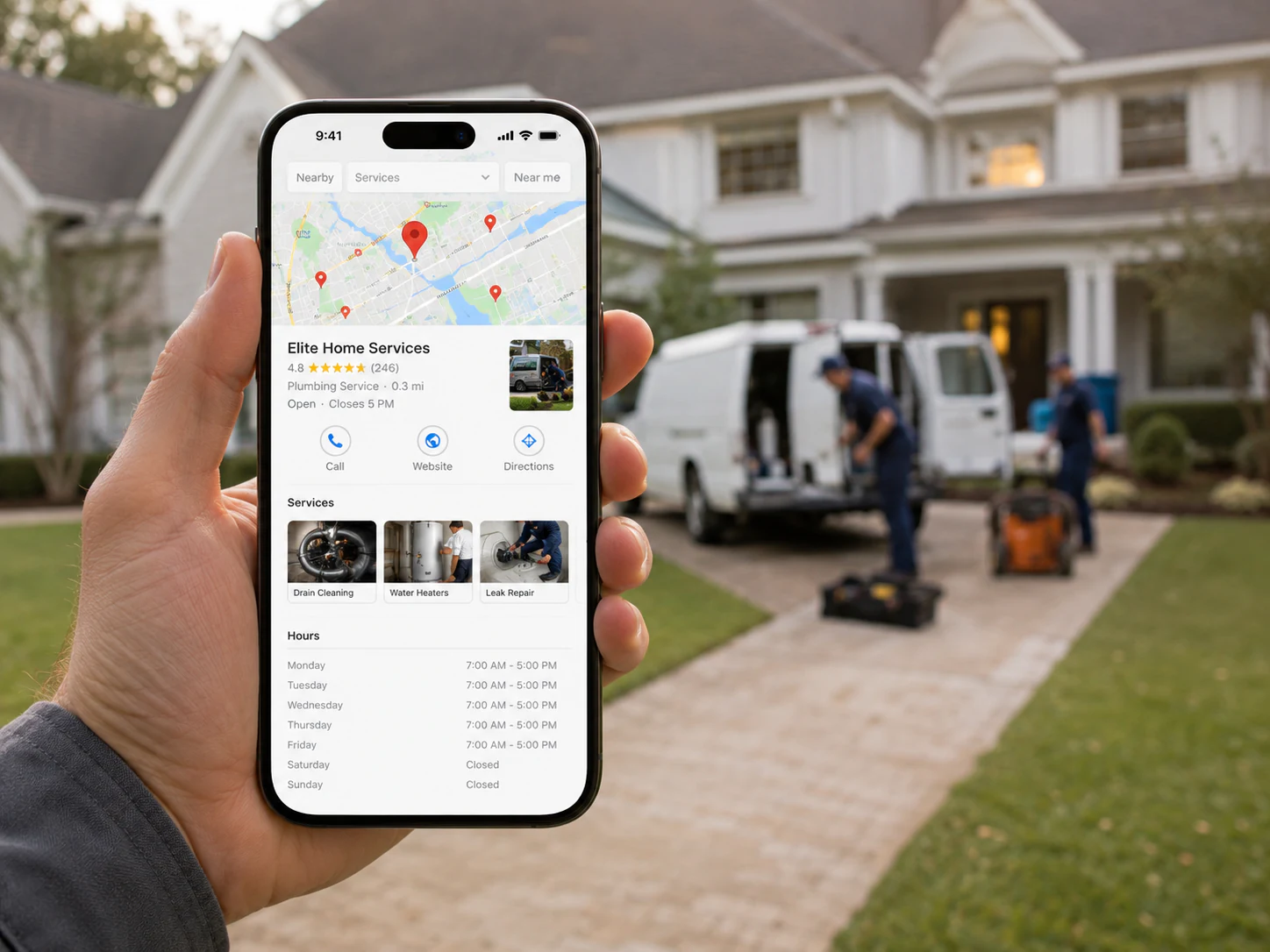 Empresa local aparecendo no Google enquanto uma equipe profissional atende uma residência.