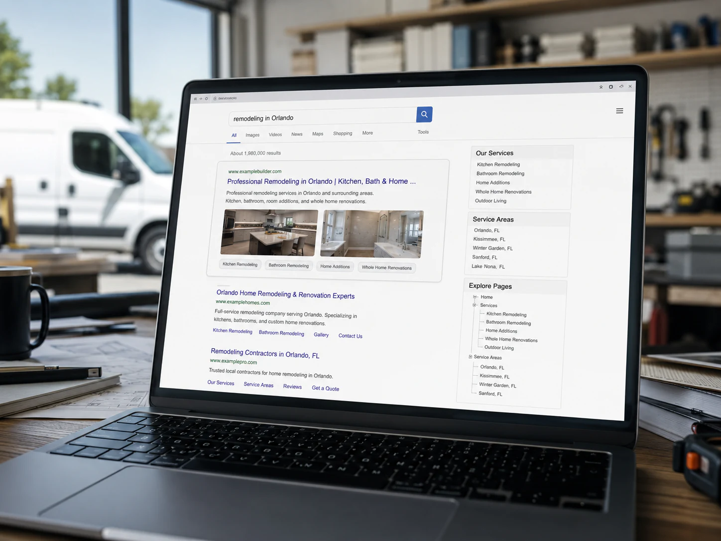 Empresa de remodeling aparecendo organicamente em buscas por serviço e região.