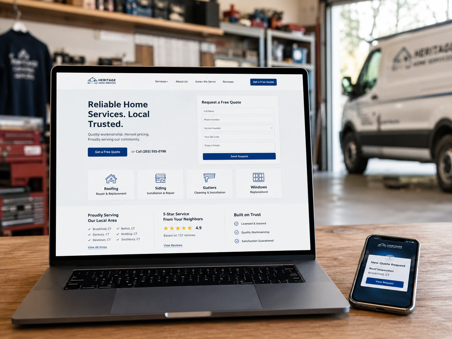 Site profissional de uma empresa local gerando uma nova solicitação de orçamento.